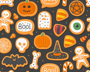 Halloween seamless pattern. Halloween gingerbreads on a black background. Skeleton, pumpkin, jack-o'-lantern, ghost, skull, bat, hat, sweets. Design for wrapping paper, print.