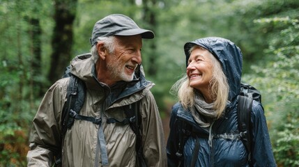 Fototapeta premium Elderly man and woman walking together in woods, smiling and talking, dressed in hiking gear, peaceful natural environment, forest wellness journey