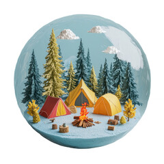 A cozy camping scene with a tent, fire, and trees in a glass sphere.