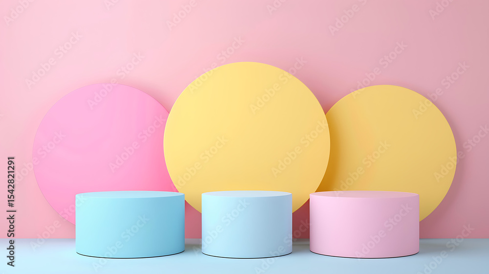 Poster pastel colored podiums and circles create a modern display background for product presentation