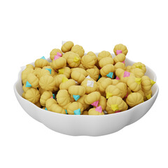 3D illustration of Kue Kancing, a sweet traditional cookie with colorful decorations, served in a bowl as a delightful festive snack.