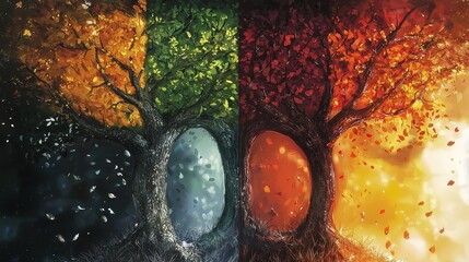 Illustration of a tree transitioning through four seasons