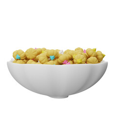 3D illustration of Kue Kancing, a sweet traditional cookie with colorful decorations, served in a bowl as a delightful festive snack.