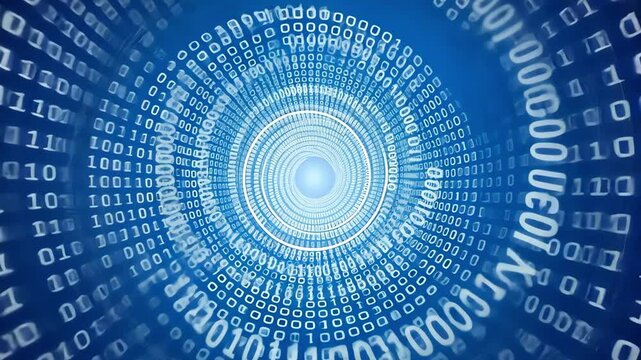 Abstract binary code spiral on blue background depicting technology, data, and innovation.