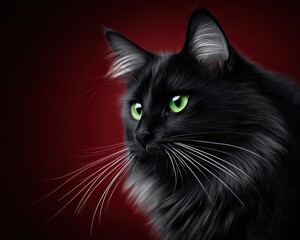 Close-up portrait of a black cat with green eyes against a deep red backdrop