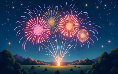 Illustration of colorful fireworks exploding in the night sky with stars and a dark green landscape. High quality