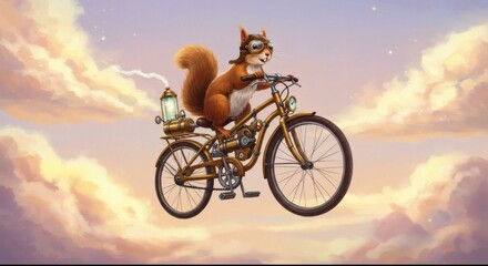 Fototapeta premium Steampunk Squirrel on a Flying Bicycle Whimsical Illustration