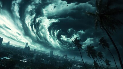 A massive hurricane approaching a coastal city, dark storm clouds swirling, high winds bending palm trees,
