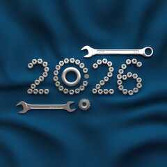 Mechanical 2026 Year Design with Wrenches, Nuts, and Bolts on Blue Fabric