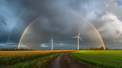 Stunning double rainbow above line of windmills in scenic farmland, cloudy sky turning clear, eco-friendly energy and natural beauty coexistence