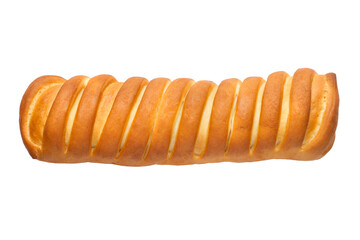 Sweet bread roll with filling isolated on a white background. Close-up of a bun.