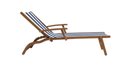 Wooden Lounge Chair with Blue and White Stripe Cushion PNG