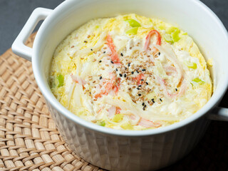 Crab meat and egg custard in a pot