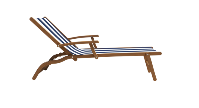 Wooden Lounge Chair with Blue and White Stripe Cushion PNG