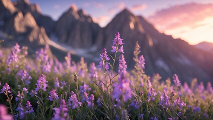 Fototapeta premium Purple Wildflowers Blooming with Mountain Peaks and Colorful Sunset Sky