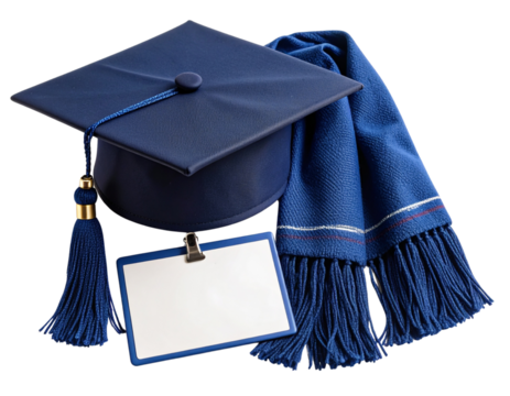Flat Lay of School Uniform Essentials Cap, Scarf, and Name Tag, isolated on transparent background.
