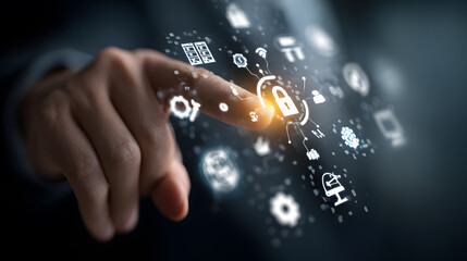 Hand Interacting with Glowing I T Security Icon Network