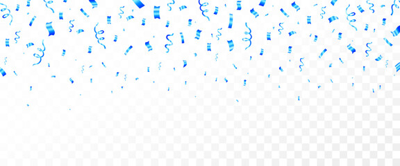 Falling Blue Confetti and Streamers on Transparent Background, Celebration or Party Decoration