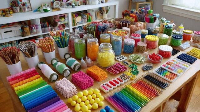 Creative Chaos: A vibrant workspace, overflowing with colorful art supplies, presents a tableau of creativity, inspiration, and artistic exploration.
