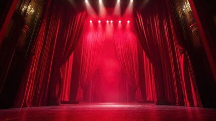 Red velvet stage curtains illuminated by spotlights, dramatic theater lighting.