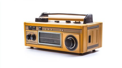 Vintage Portable Radio, Retro Audio Device, Classic Yellow Boombox, Nostalgia Electronics, Isolated White Background