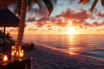 Beachside dining at sunset with candles and palm trees creating ambiance