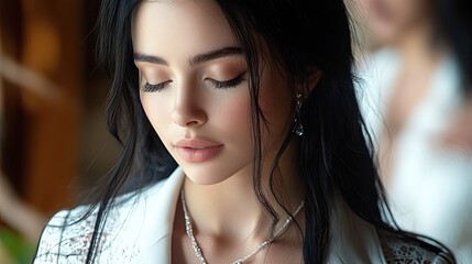 Elegant woman, thoughtful pose, indoors, blurred background
