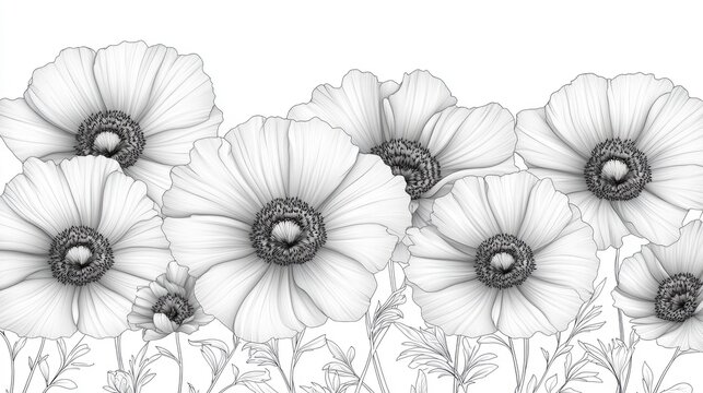 Elegant monochrome poppy floral border