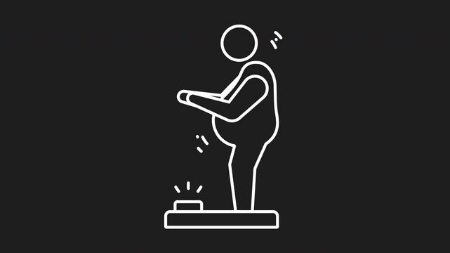 Overweight white linear animation. Person standing on a scale, measuring weight. Suitable for health and fitness. Seamless loop HD video with alpha channel on transparent background. Animated outline 