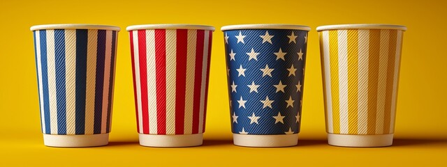 4th of July in Independence Day style, paper cups with US flag colors on white table copy space left background yellow
