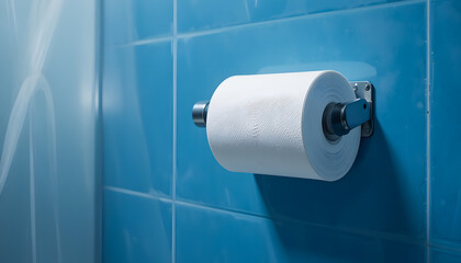 toilet paper on blue wall |  Bathroom Fixtures and Sanitary Essentials | Clean and Secure