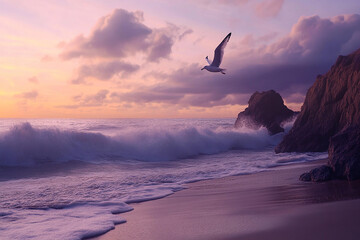 A seagull flies over a beach with waves crashing against rocks at sunset