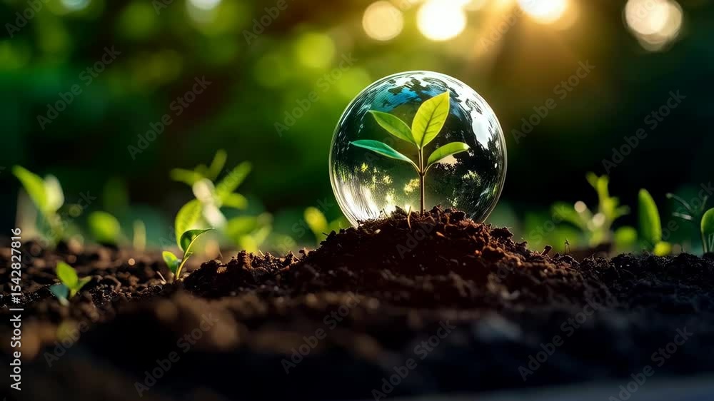 Poster Seedling emerging in soil beneath a clear globe reflecting the surrounding greenery with bright sunlight