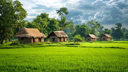 A serene image of a rural Indian village with mud huts, traditional thatched roofs, and lush green