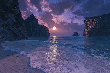 Ocean view at dusk with cliffs and a sun reflecting on the water surface