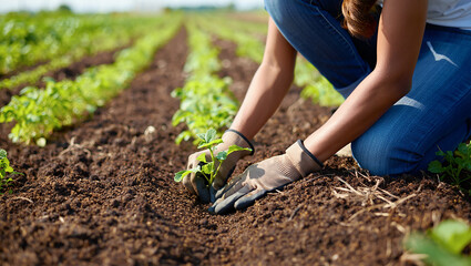 Fototapeta premium Farmer Planting Seedlings in Fertile Soil Nurturing New Life and Growth in the Field for a Successful Harvest Season