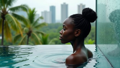 Serene African Woman Relaxing in an Infinity Pool Overlooking a Lush Tropical Cityscape