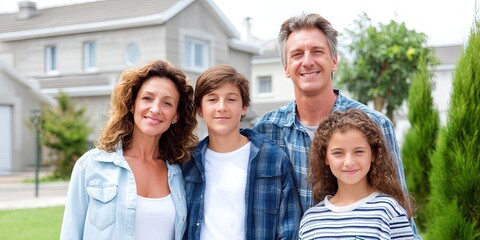 Obraz premium dynamic angle photo of happy diverse family dynamic poses in front yard of house. mom, dad, son, daughter