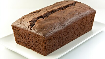 Chocolate loaf cake on white plate