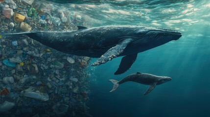 Fototapeta premium A mother whale swimming with her calf, but their path is blocked by a massive wall of floating plastic waste,