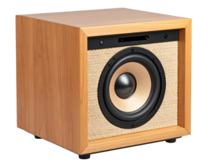  Vintage Wooden Box Speaker with Fabric Front Panel, Angled Side View, isolated on transparent background.