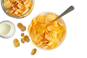 Bowl contains cornflakes with milk and spoon, isolated on white, PNG