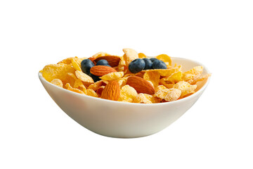 Bowl of cornflakes, almonds, blueberries, isolated on white, PNG