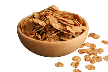Close-up of crispy cereal flakes in a bowl, isolated on white, PNG
