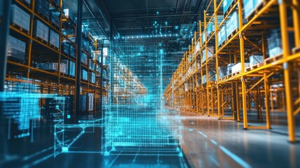 Smart warehouse with digital overlay showing logistics.