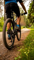 Fototapeta premium Mountain biker riding trail forest nature scenic adventure cyclist woods journey cycling
