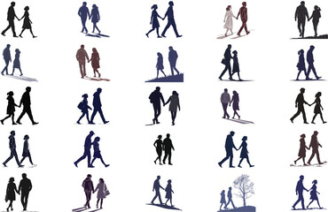  Bundle silhouette walking couple on white background 