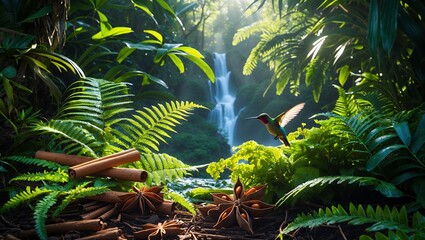 Hummingbird Flying in Lush Tropical Forest near Waterfall