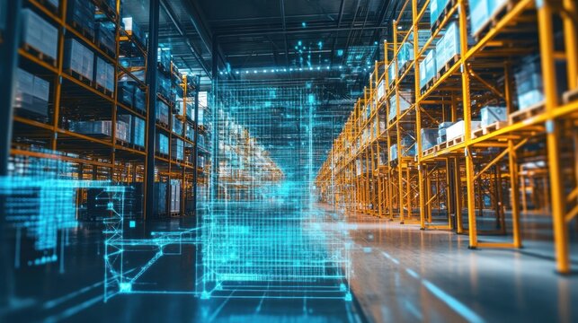 Smart warehouse with digital overlay showing logistics.