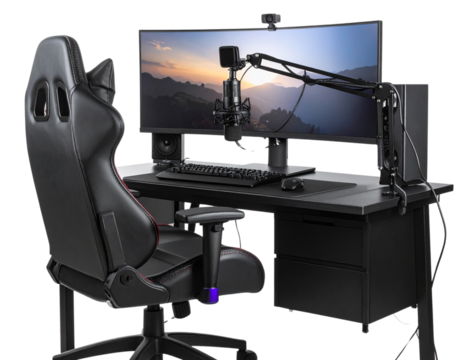 Corner Angle View of Ultra-Wide Monitor Gaming Station with Streaming Mic, isolated on transparent background.